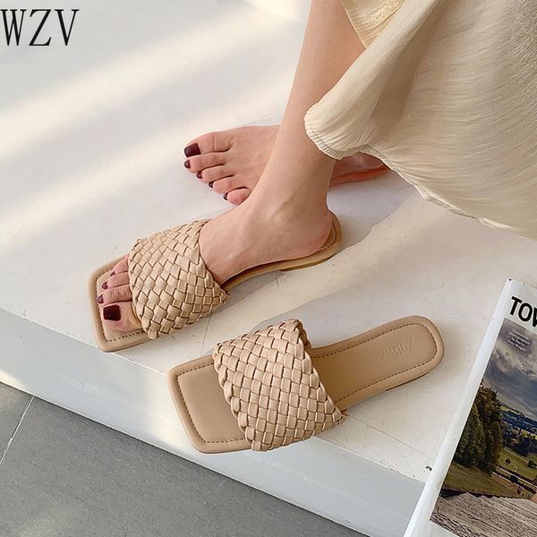 

summer slippers weave leather women sandal open toe flat casual slides 2020 new outdoor beach female flip flops h575, Black