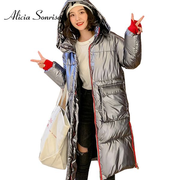 

2019 winter glossy down cotton long parka women's waterproof jacket large size loose winter warm thick shiny silver coats, Tan;black