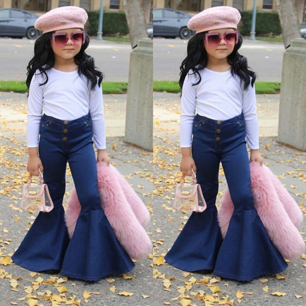 

new toddler baby girl blue jeans buttons skinny flared jeans kids stretchy denim bell-bottoms long trousers baby casual clothing