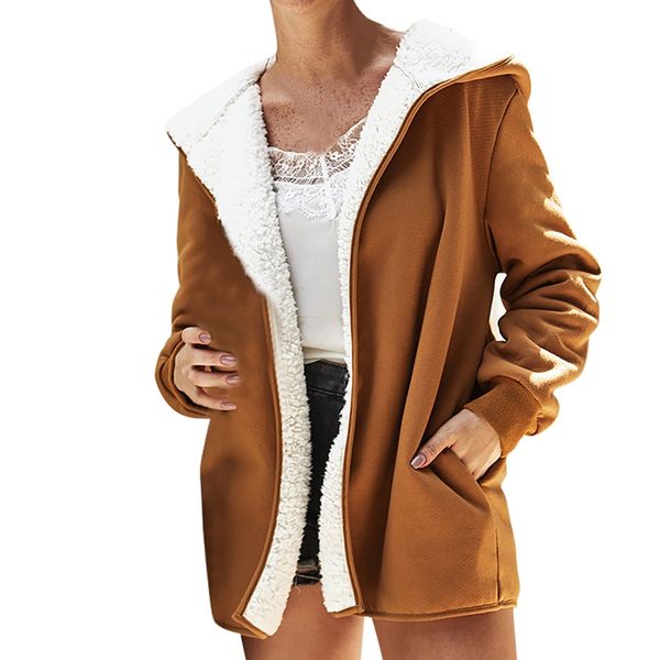 

autumn winter jacket women villus hooded long sleeve casual plush pockets women jacket 2019 coats outwear, Black;brown