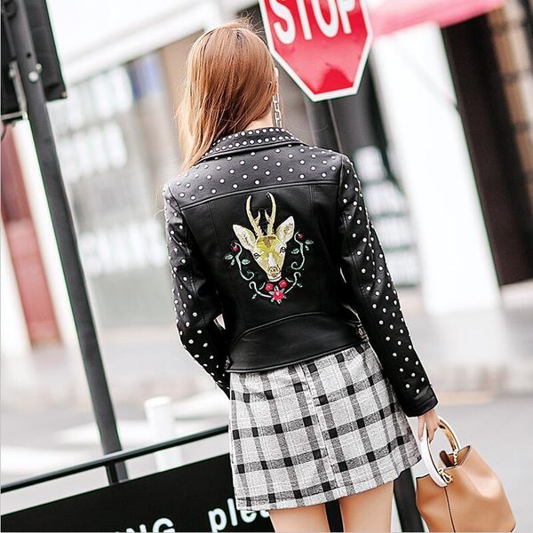 

женщины 2019 мотоцикл панк кожаная куртка красные заклепки шипы звезды кожаное пальто короткие стройные осенние цветы вышивка пу верхняя оде, Black