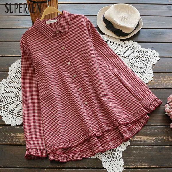 

superaen new pluz size spring new 2020 women shirts wild casual fashion ladies blouses and plaid long-sleeve women clothing, White
