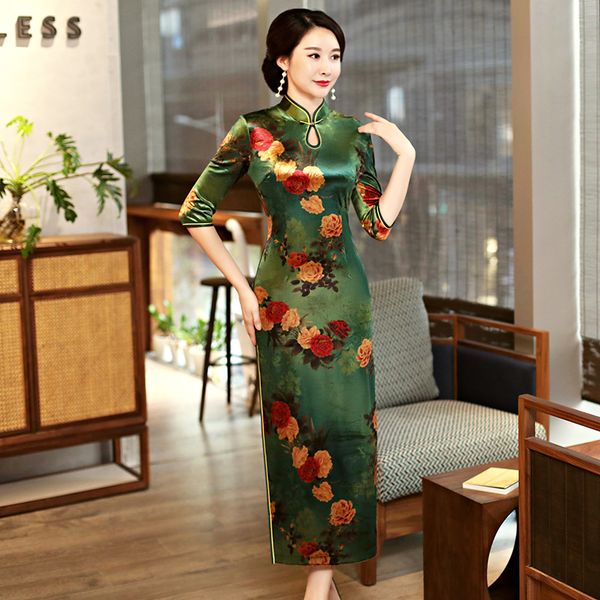 

2019 spring lady velour cheongsam fashion chinese style long dress womens mandarin collar qipao slim party dresses vestido, Black;gray