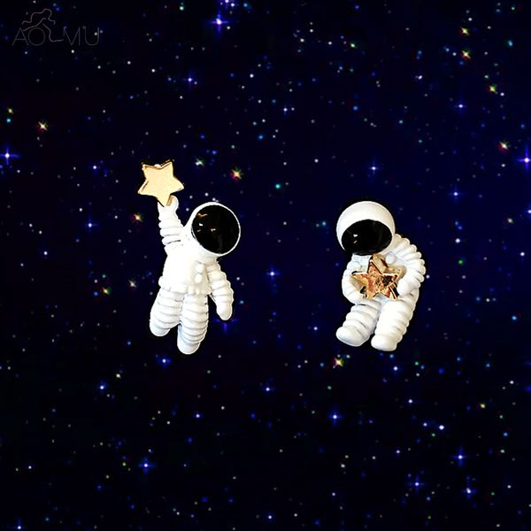 

aomu japan korea creative cute design starry sky space star asymmetrical astronaut small stud earrings for women girl gift, Golden;silver
