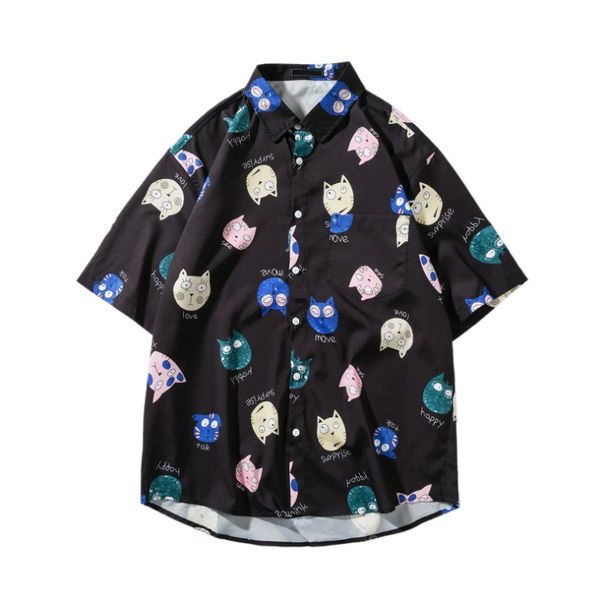 

сыпучие мужчины рубашка мультфильм печати с коротким рукавом нагрудные chic пара рубашки мужчин дышащий вскользь уличная гавайские рубашки, White;black
