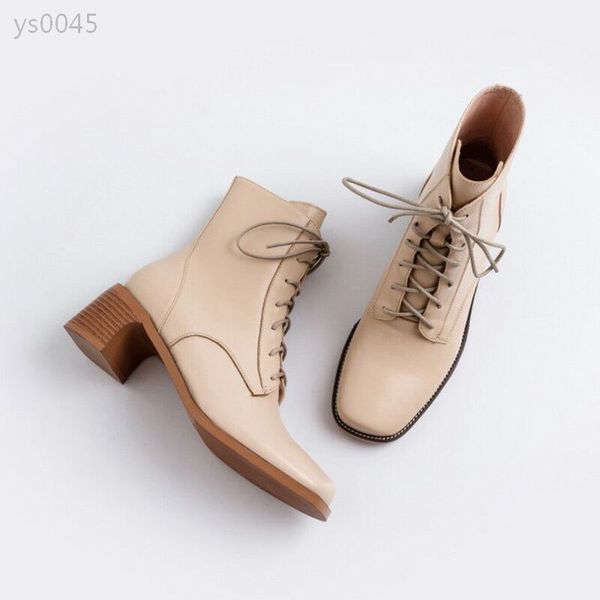 

leather thick heel mid-heel short boots women winter and autumn single boots custom retro head lace up fashionable martin boots, Black