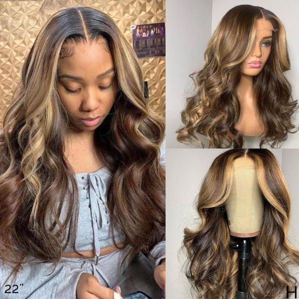 

ombre wavy 13x4 lace front human hair wigs for women highlight #27 blonde pre plucked brazilian remy hair 180% with baby, Black;brown