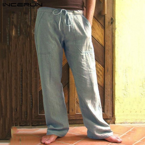 

incerun vintage men casual pants drawstring cotton solid color pockets loose joggers workout trousers men streetwear sweatpants, Black