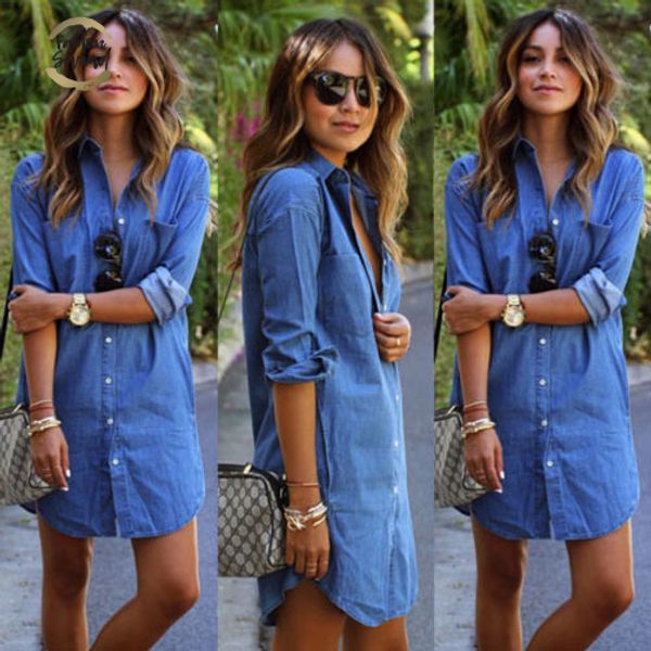 

quality good womens blue jeans denim t-shirt long sleeve casual loose shirt short dress woman clothes, Black;gray