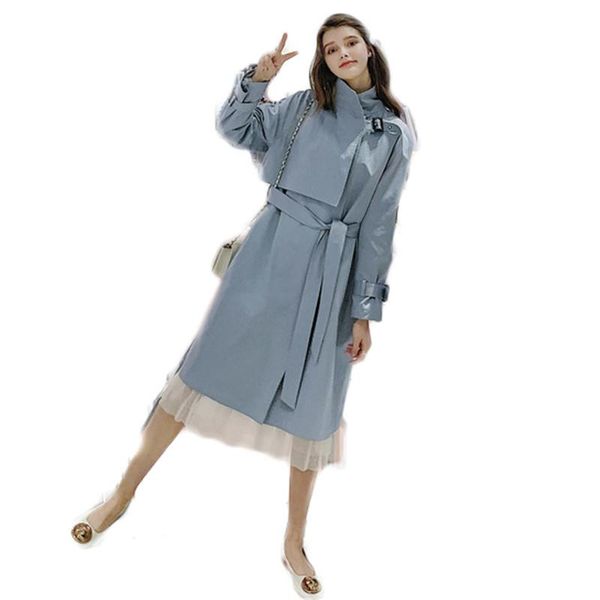 

2019 new spring autumn women trench female solid long outerwear ladies turn-down collar belt cardigan windbreaker waterproof x58, Tan;black