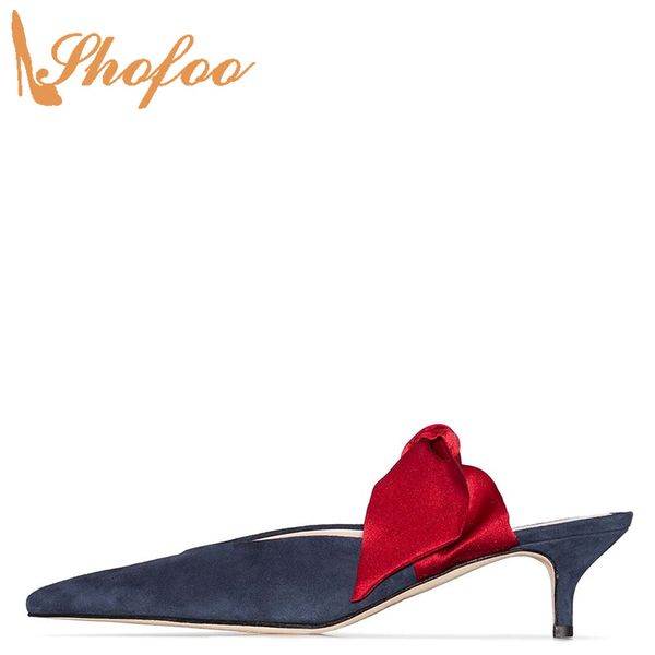 

navy blue flock med kitten heels pointed toe pumps woman large size 12 14 ladies fashion lace knotted casual mature shoes shofoo, Black