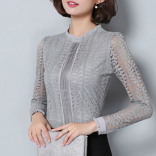 

женщины топы lace блузы новая мода кружева женщины блузка рубашка с длинным рукавом тонкий серый женская одежда плюс размер выдалбливают blu, White