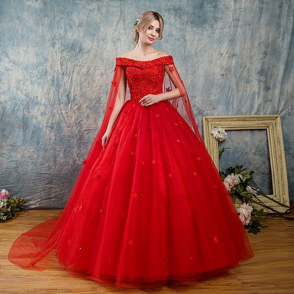 Nuovi abiti da sposa gotici con abito da ballo rosso con mantella al largo della spalla Fiori di pizzo con perline Lunghezza pavimento Abito da sposa colorato non tradizionale