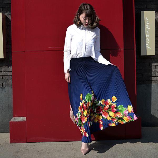 

flower sky spring and summer print flowers elastic waist retro pleated slim long skirt women saia maxi floral empire skirts, Black