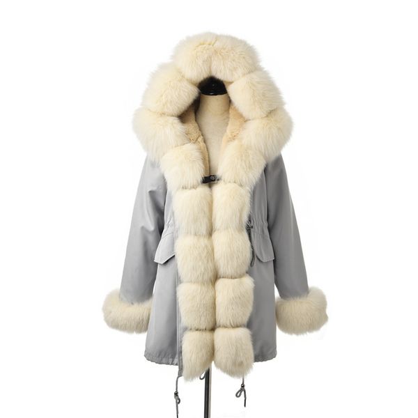 

fursarcar fashion jacket real fur parka women luxury winter 80 cm long coat with fur collar and cuff casual warm parka, Black