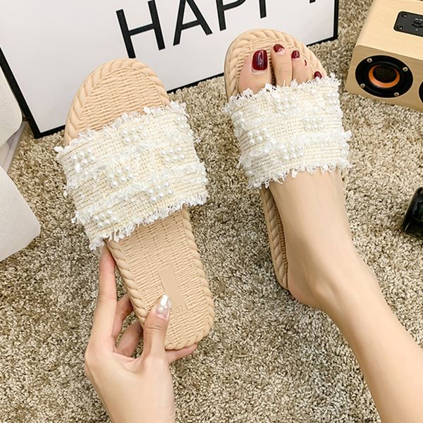 

flat shoes female woman's slippers slides string bead shose women lady soft 2020 girl rubber pu basic shoes, Black