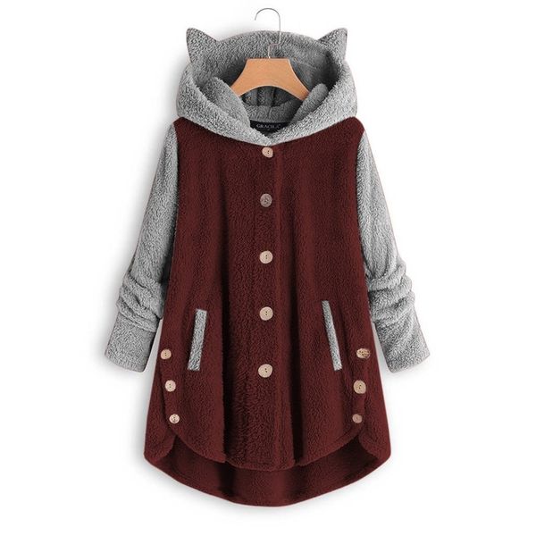 

ladies hooded collar long sleeve patchwork jacket coat oversized women fluffy trench overcoat casual outwear plus size 2 3 4 5xl, Black