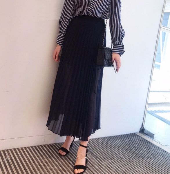 

2019 spring and summer new pleated a line skirts chiffon sheer mid-calf skirt a1821, Black