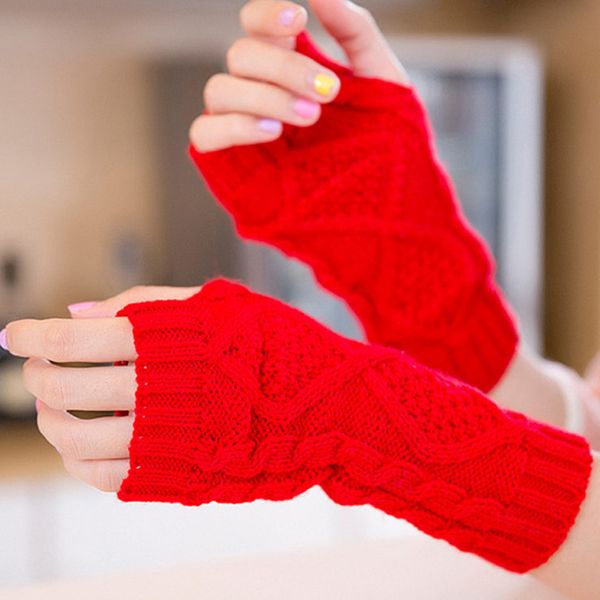 

fashion-1 pair winter gloves women double-sided knitting wool half-finger gloves ladies' semi-fing loves, Blue;gray