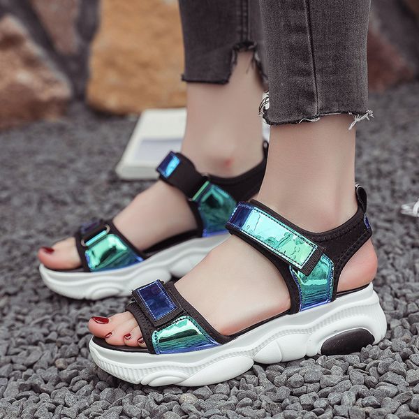 

size 35-53 nice summer sandals women flat heels comfortable shoes for woman hook & loop female leisure platform footwear, Black