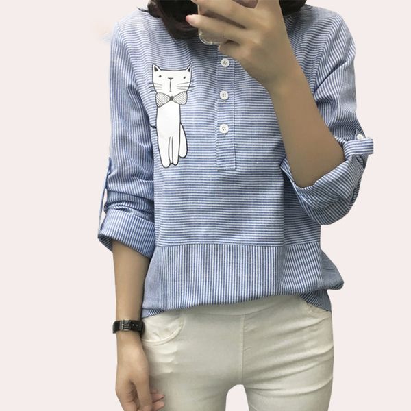 

ladies designer blouse women linen cotton blouse shirt female blue striped new summer cartoon cat shirts women clothing, White