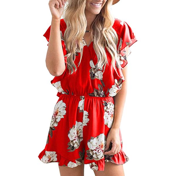 

women floral print v-neck ruffle cap sleeves wrap short jumpsuit for summer jl, Black;white