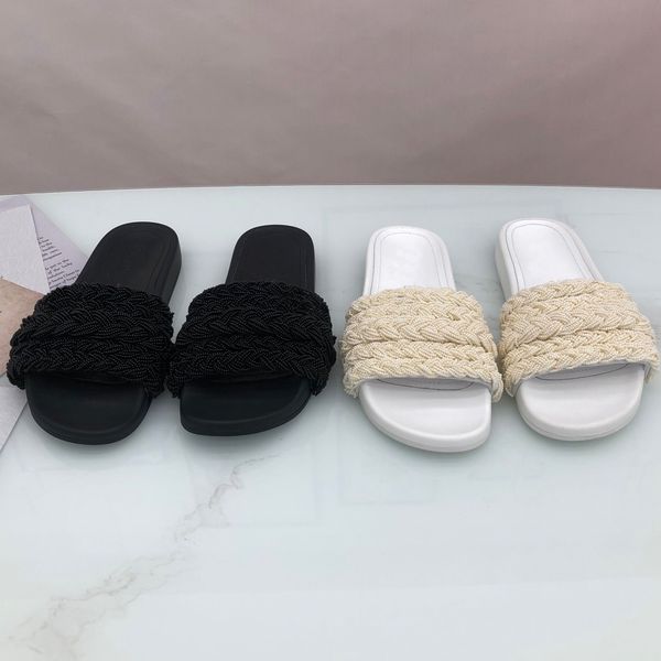 

2020 fashion brand women pearl slippers slides designer shoes woman mule sandals beading flats zapatos mujer chaussure sandalias, Black