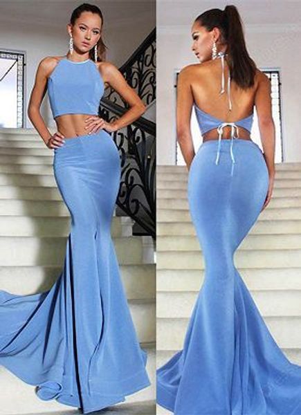 Bahama Mavi 2 Parça Mermaid Ucuz Gelinlik Modelleri 2019 Yüksek Halter Kesit Taraf Aç Geri Abiye giyim Zarif Örgün Elbise Ucuz Parti robe