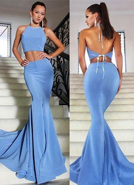 Bahama Blue 2 pezzi Mermaid Abiti da ballo economici 2019 High Halter Cutaway Sides Abiti da sera aperti sul retro Abito formale elegante Abito da festa economico