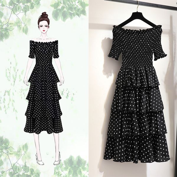 

2019 new retro plus size 5xl summer dress women elegant slash neck short sleeve high waist dot party dress women's dresses x744, Black;gray