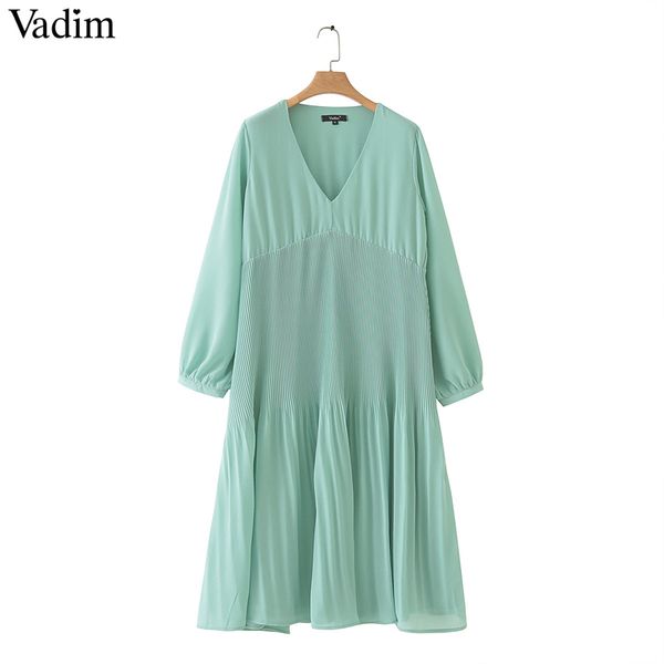 

vadim women mid calf chiffon pleated dress v neck long sleeve straight draped casual midi dresses solid vestidos qb399, Black;pink