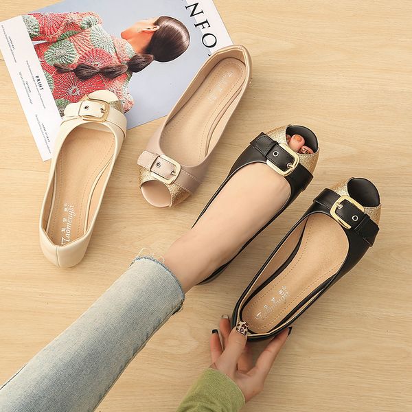 

new flat leisure belt buckle fish mouth wild large size women's shoes 33-43, Black