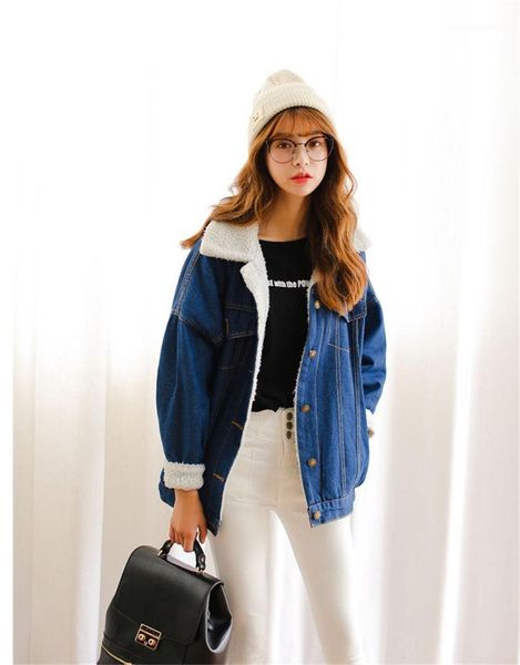 

цвет с длинным рукавом женская нагрудная шея верхняя одежда теплые женские повседневные куртки зимние женские овечьи джинсовые куртки тверды, Black;brown