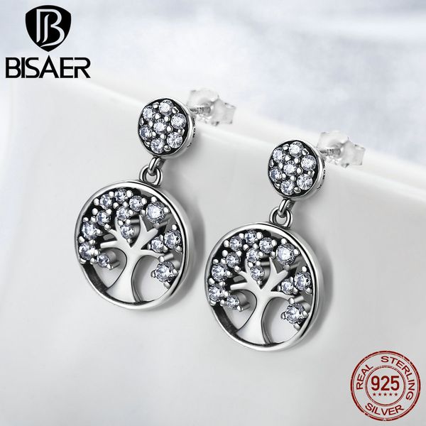 

bisaer real 925 sterling silver family tree of life clearly cz drop earrings for women dangle earrings jewelry brincos ece067