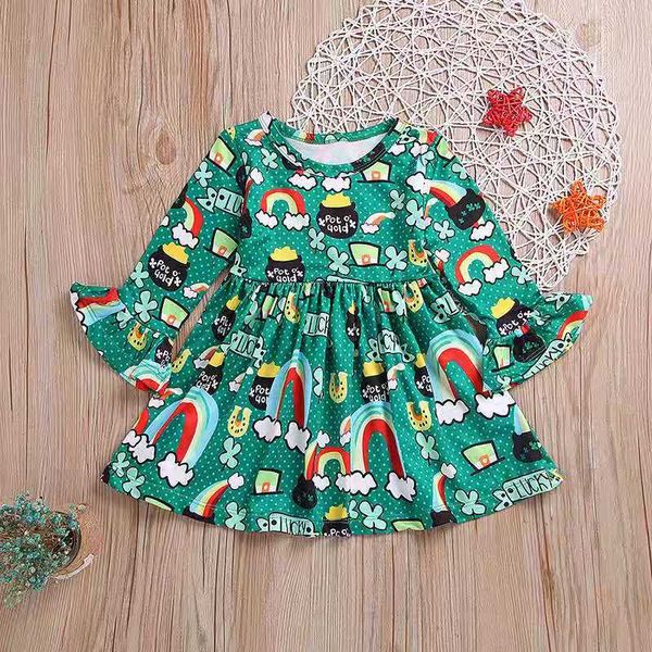 

baby girls rainbow letter printed green dress children flare sleeve princess dresses cartoon spring autumn boutique kids clothes, Red;yellow