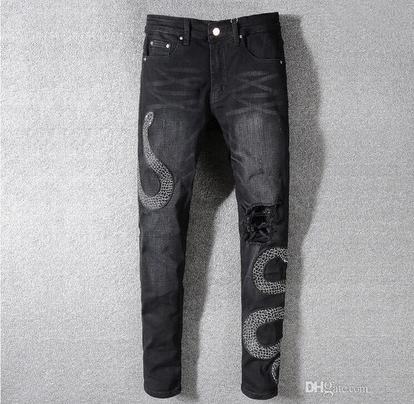 

mens badge snake twine black skinny jeans fashion designer distressed slim fit motorcycle biker hole beggar hip hop denim pants 567, Blue