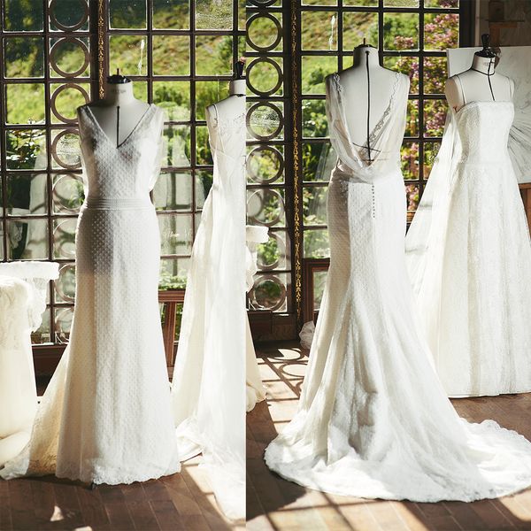 

cymbeline wedding dresses v neck sleeveless tulle pearls wedding gown sweep train custom robe de mariÃ©e, White
