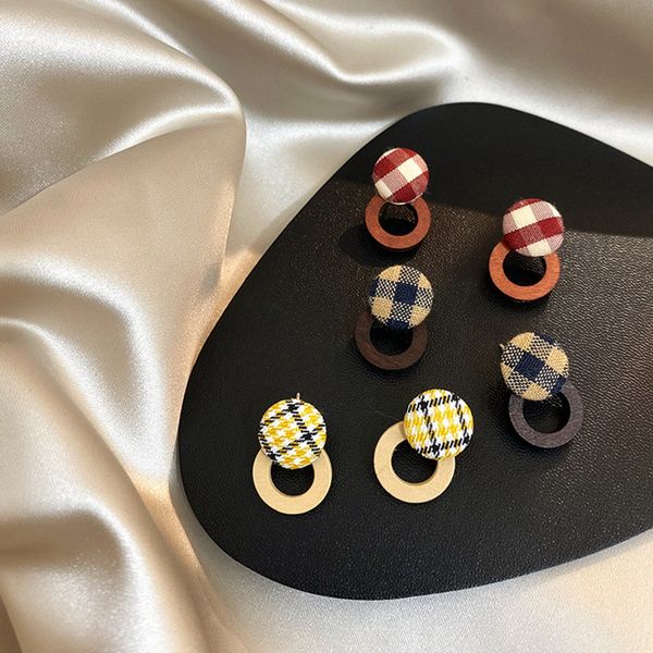 

простой плед кнопки круглых серьги lattice ткань деревянного геометрический круг серьга accesorios mujer для симпатичных девушек подарков, Golden;silver