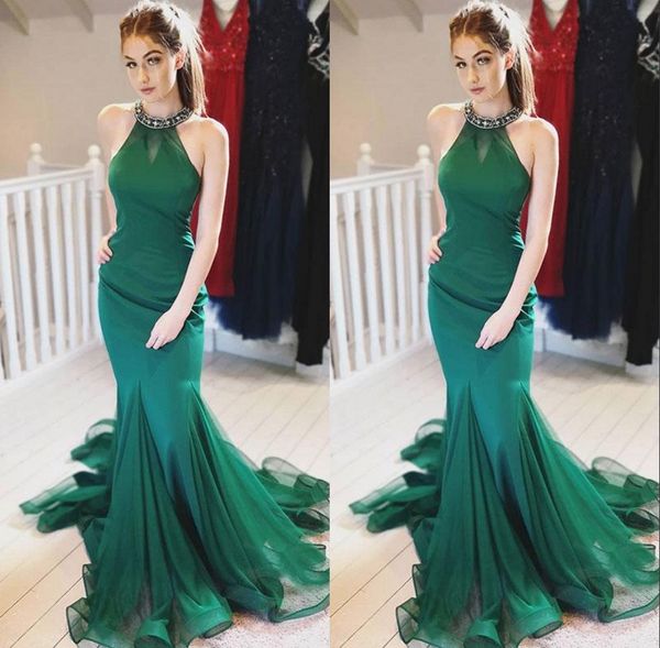 

2019 charming green long mermaid evening dresses sequined halter prom gowns tulle ruffles red carpet dresses, Black;red