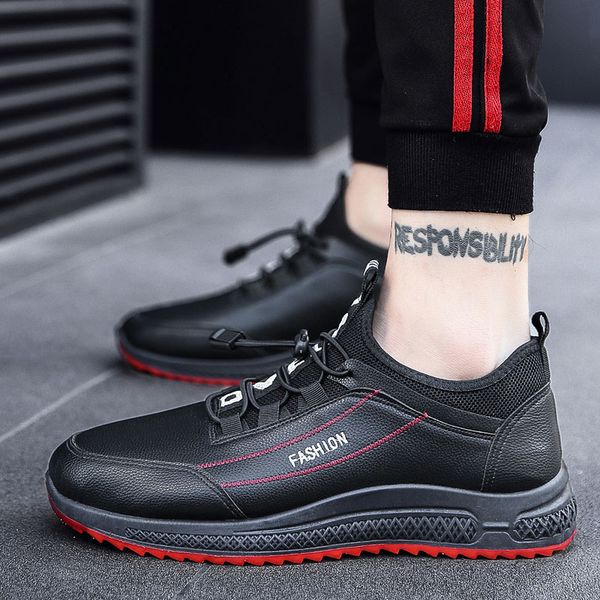

olomm pu leathable trend men's casual shoes light breathable soft bottommen fashion sneakers non-slip outdoor men shoes, Black