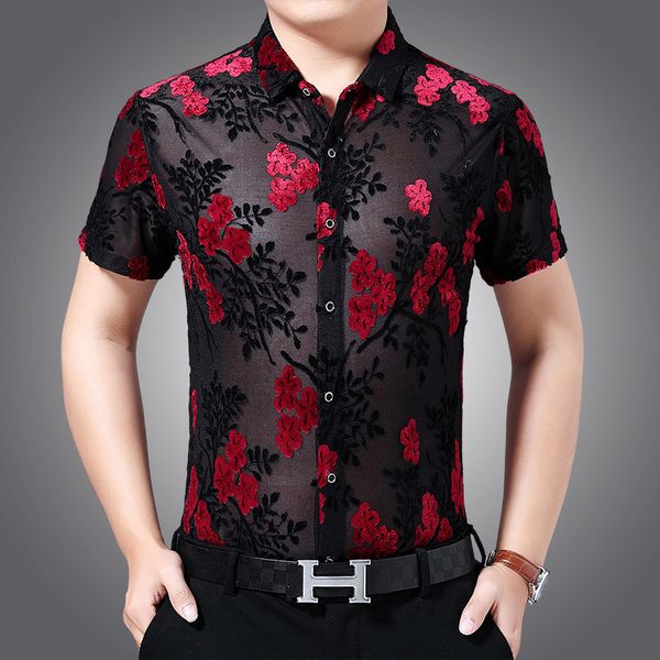 

summer short sleeve shirts flowers transparent silk shirts for mens see through stretch clothes mesh dress for big breasts, White;black