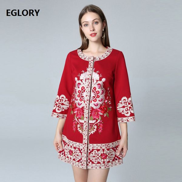 

xxxxl coat outerwear 2019 autumn winter overcoats women appliques embroidery covered button vintage long red coat jacket female, Black;brown