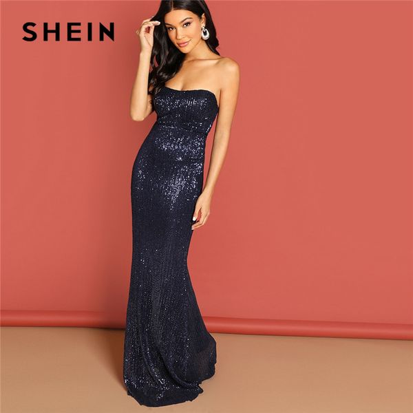

shein navy elegant sequin mesh strapless bodycon evening gown high waist zipper back solid 2019 summer women party dresses, Black;gray