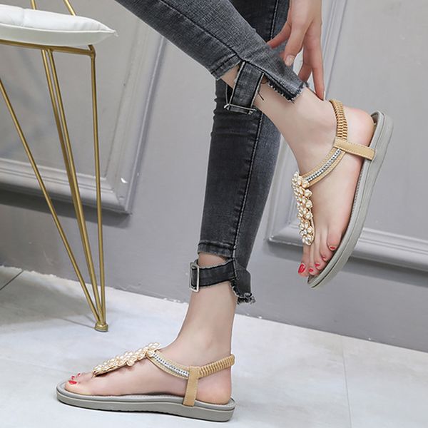 

women's platform sandals flat golden flower shape pearl sandals ladies elastic band soft beach flip flops for women, Black