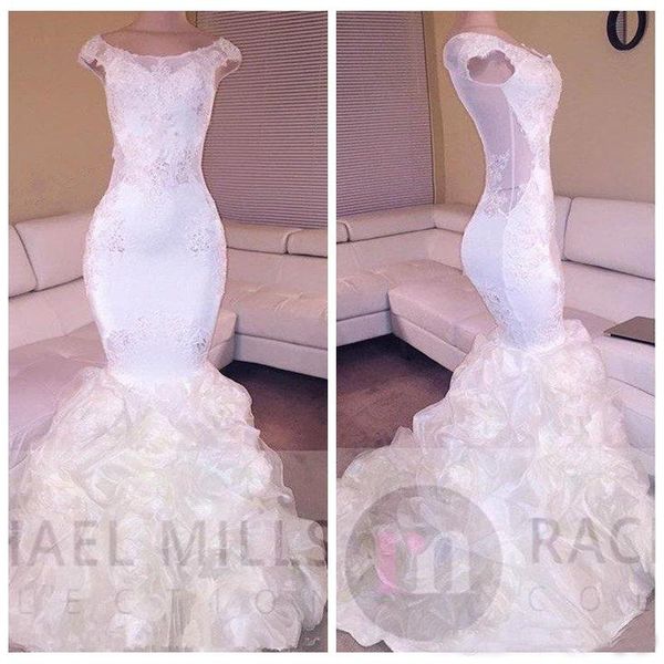 

2018 Sheer Cap Lace Appliques Slim Mermaid Prom Dresses Draped Organza Vestidos Evening Party Gowns Customized Cheap Party Dresses