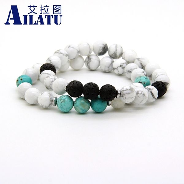 

ailatu new designs couples jewelry wholesale 10pcs/lot 8mm white howlite marble stone distance lovers bracelets, Golden;silver