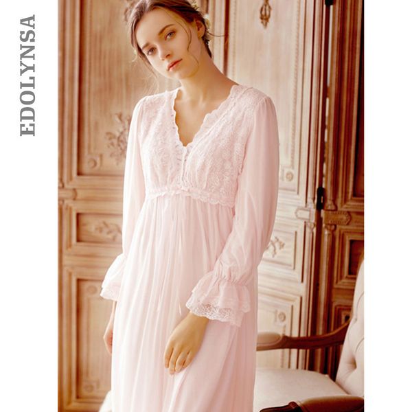 

european style vintage night dress plus size lace sleepwear new spring long pink cotton nightgowns elegant home dress t41, Black;red