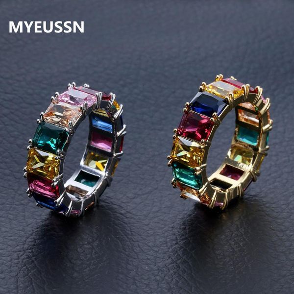 

hip hop men's copper zircon ring color square zircon rainbow fashion engagement wedding ring jewelry accessories gift, Slivery;golden
