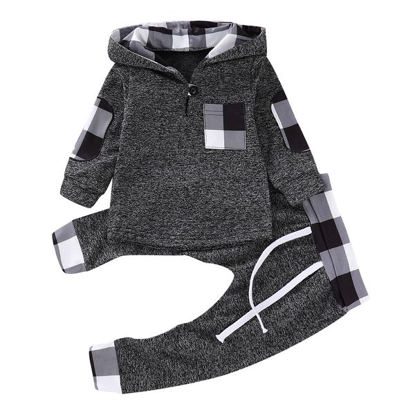 

kids toddler infant baby boys girls fall outfit plaid pocket hoodie sweatshirt jackets shirt+pants winter clothes set, White