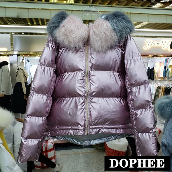 

women's down & parkas cotton padded coat women 2021 winter double side wear large fur collar bright face thickened hooded loose jacket, Black